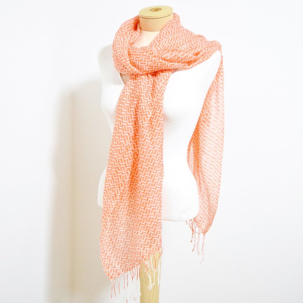 Orange & White Knit Woven Chevron Scarf